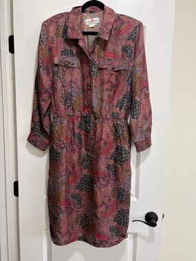 Vintage Leslie Fay Paisley Floral Midi Shirt Dress XL Retro 70s 80s.